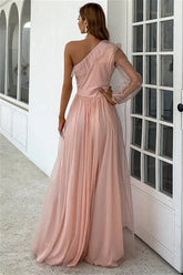 Glorious One Shoulder Pink Evening Dress Long Sleeves A-Line